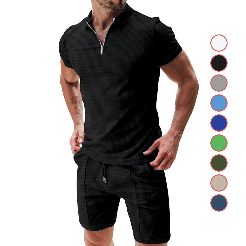 Men's 2-Piece Casual Waffle Suit - Summer Zipper Lapel Short-Sleeved Top and Drawstring Pocket Shorts Set