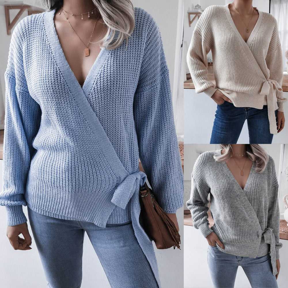 Casual V-neck tie Knotted Sweater Travel Essentials Shop Travel Happy Travel Happy