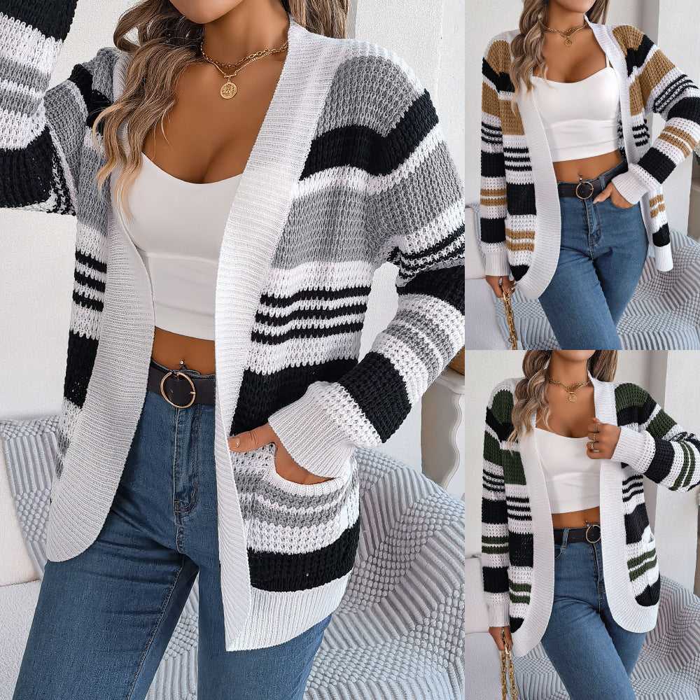Contrast Color Striped Pocket Long Sleeve Sweater Cardigan Travel Essentials Shop Travel Happy Travel Happy
