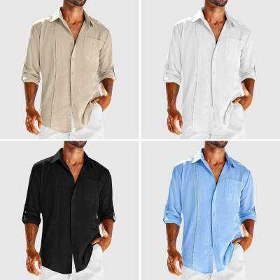 Men’s Casual Long Sleeve Shirt with Pocket - Lace Polo Collar Solid Color Button-Down men's clothing Men's Travel Wear Travel Happy Travel Happy