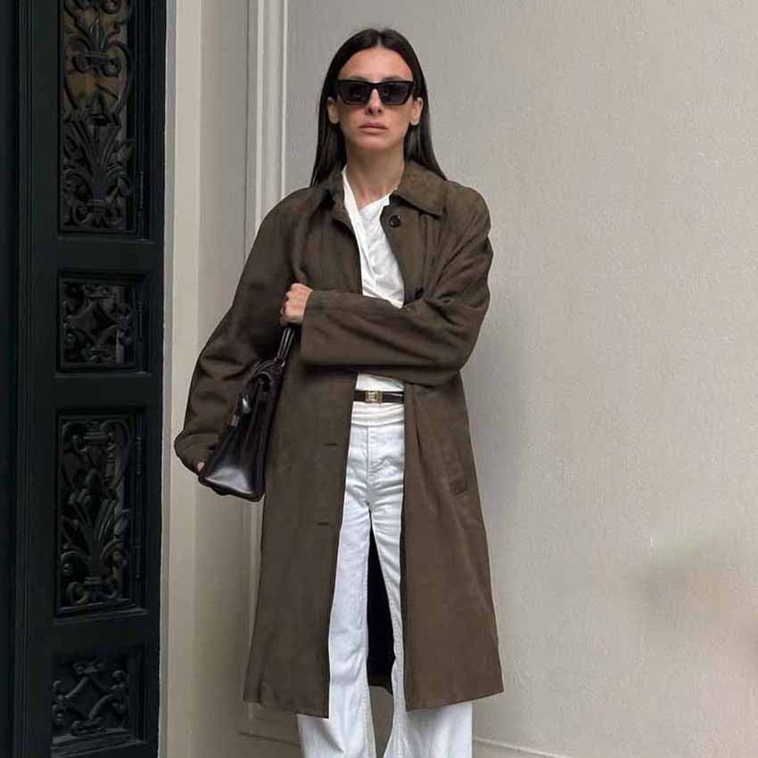Women's Extra-Long Brown Button-Up Trench Coat