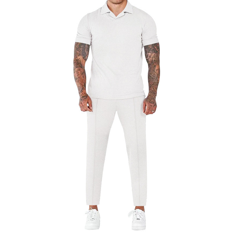 Men's Fashion Casual Waffle V-neck Polo Trouser Suit