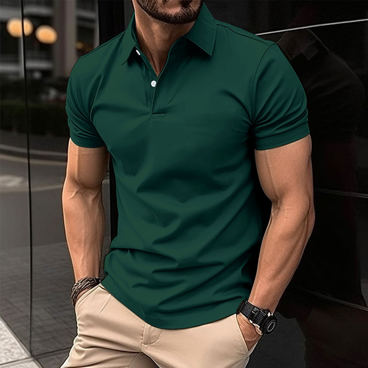 Polo de manga corta de verano para hombre: parte superior con solapa y botones en color liso