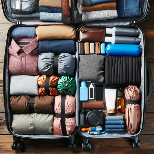 Pack Like a Pro: An open suitcase showing neatly arranged clothes, compression bags, and travel essentials, all laid out to emphasize organization and space optimization