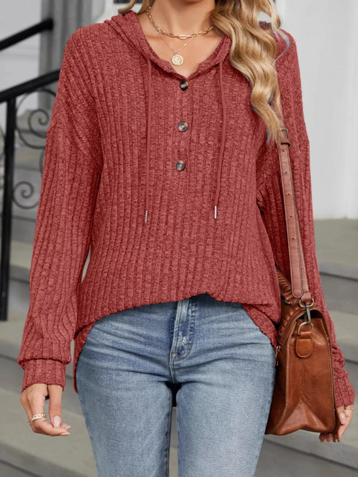 Women's Ribbed Knit Button-Detail Hoodie