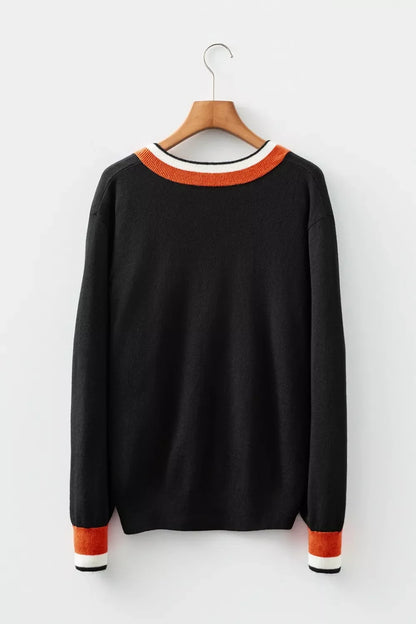 Women's V-Neck Varsity Sweater with Striped Trim