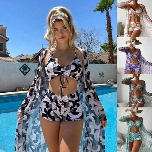 Women's 3-Piece Floral Bikini Set with Long Sleeve Cardigan - Beach Swimsuit