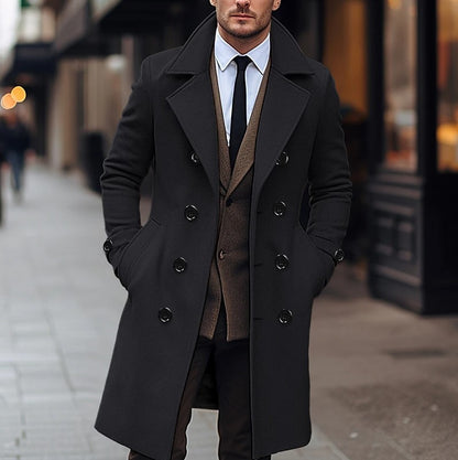 Men’s Double-Breasted Woolen Overcoat – Timeless Long Coat for Fall & Winter