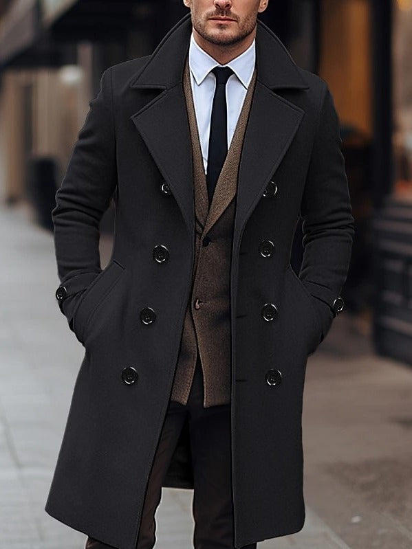 Men’s Double-Breasted Woolen Overcoat – Timeless Long Coat for Fall & Winter