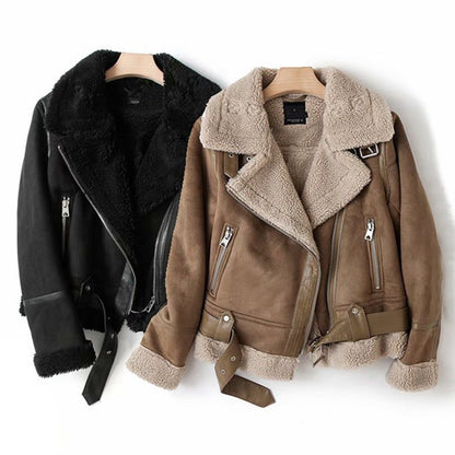 Women’s Suede Lamb Wool Lapel Jacket – Cozy Motorcycle-Style Winter Coat