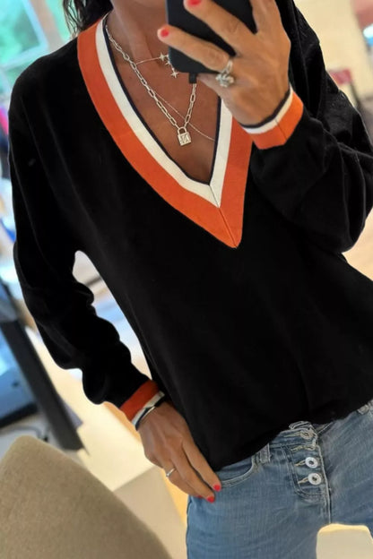 Women's V-Neck Varsity Sweater with Striped Trim