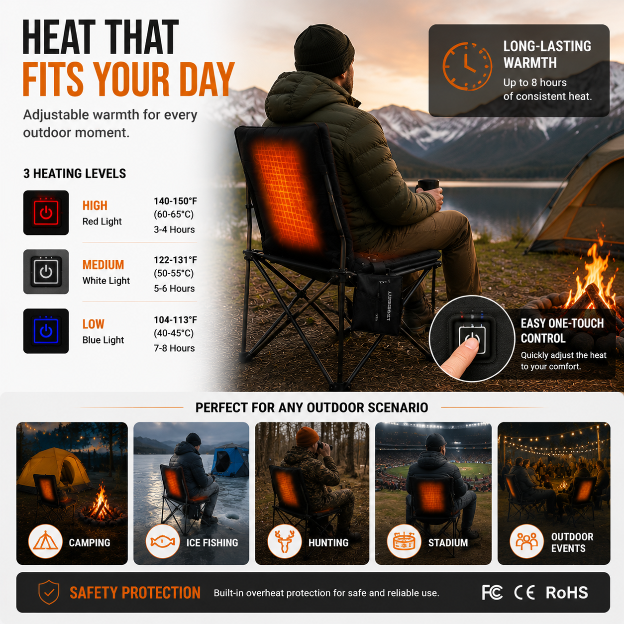 LITEGUEST Heated Outdoor Seat Cushion with Backrest – Warm for Camping