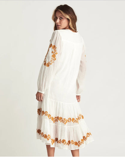 V-neck Embroidered Loose Long Skirt Dress