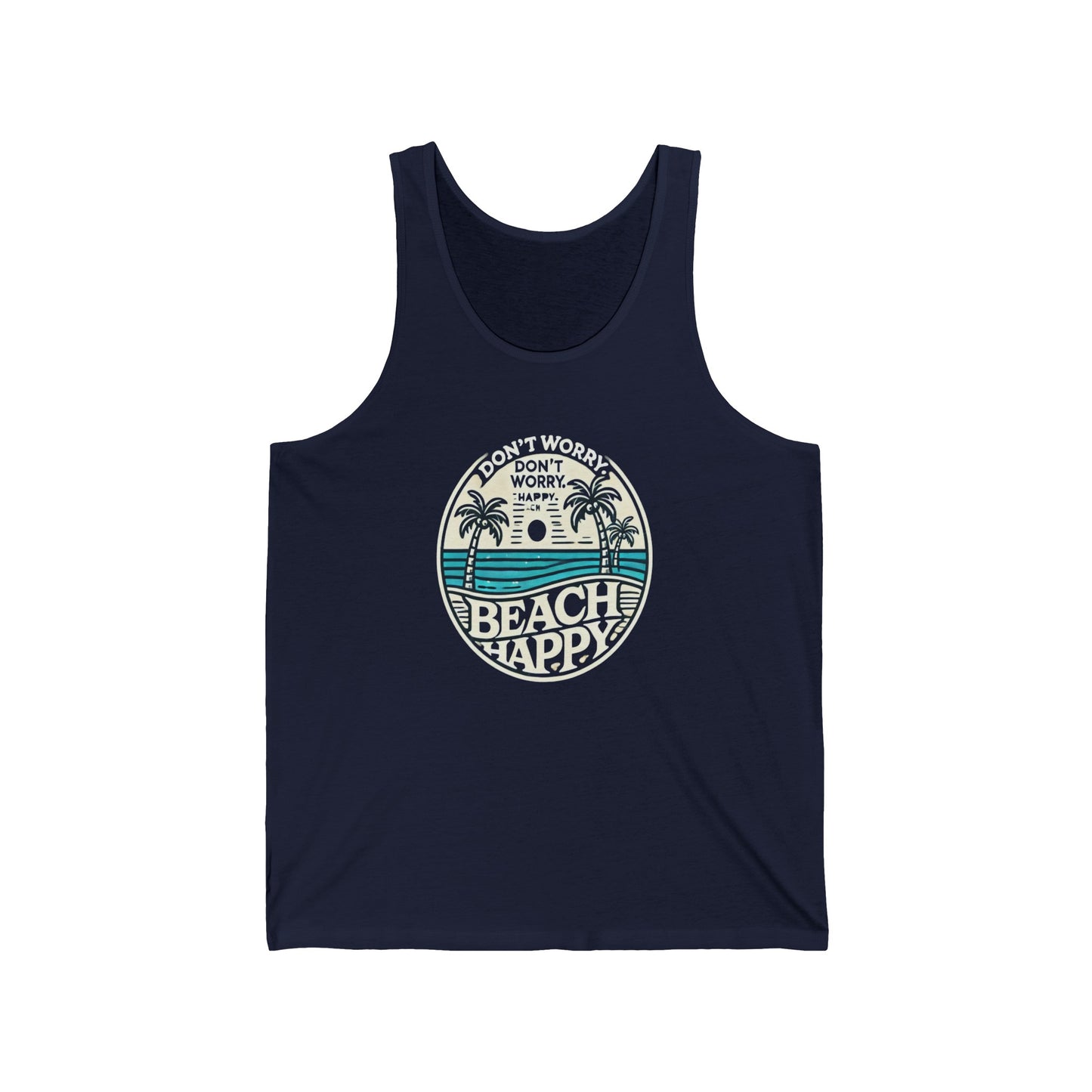 Unisex “Don’t Worry. Beach Happy” Jersey Tank