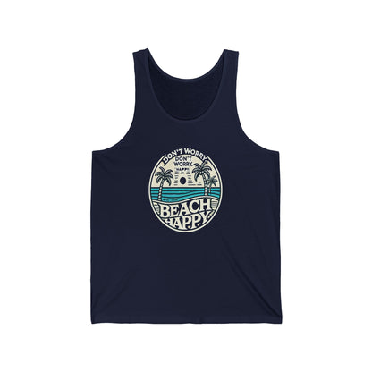 Camiseta de tirantes unisex con el lema “Don't Worry. Beach Happy”