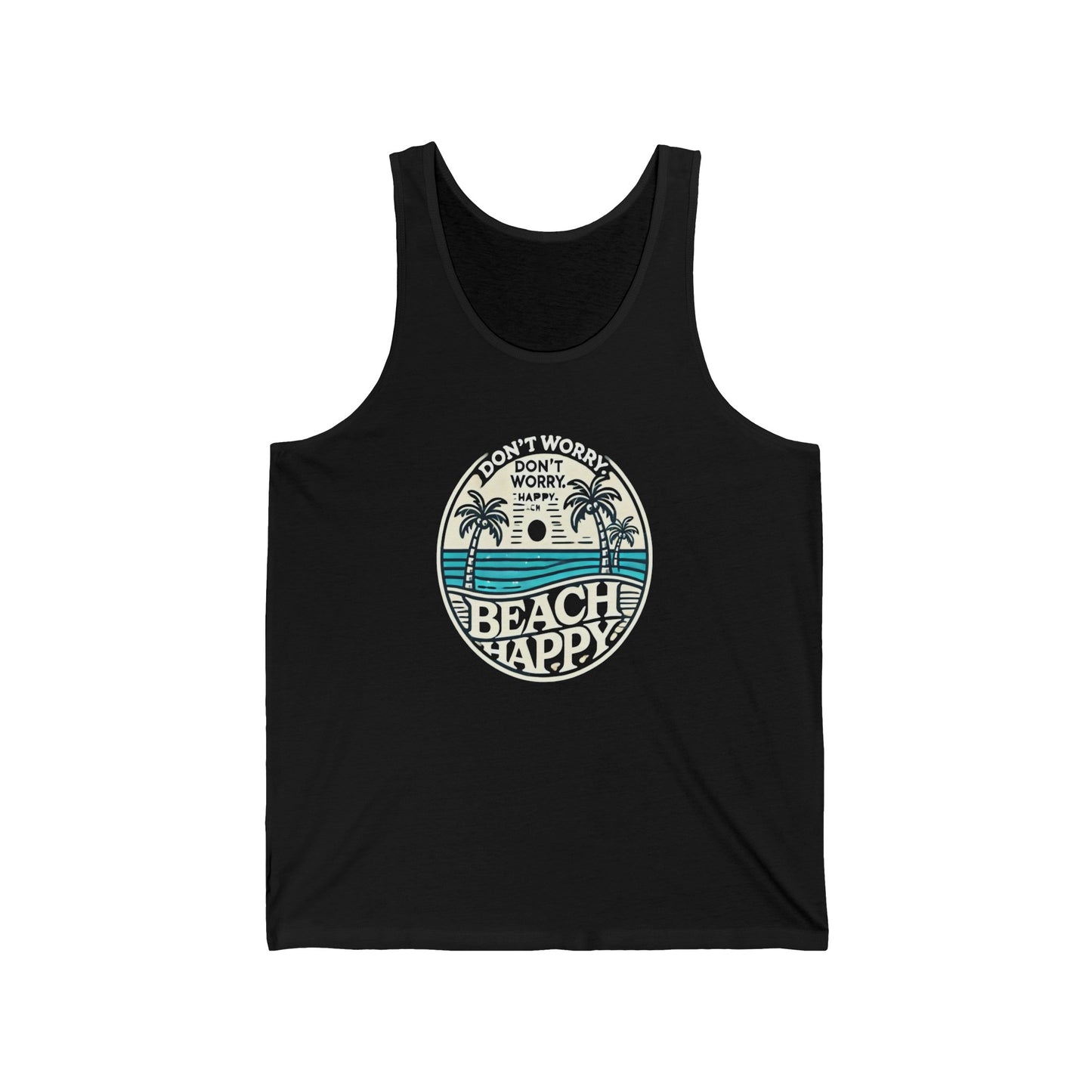 Camiseta de tirantes unisex con el lema “Don't Worry. Beach Happy”