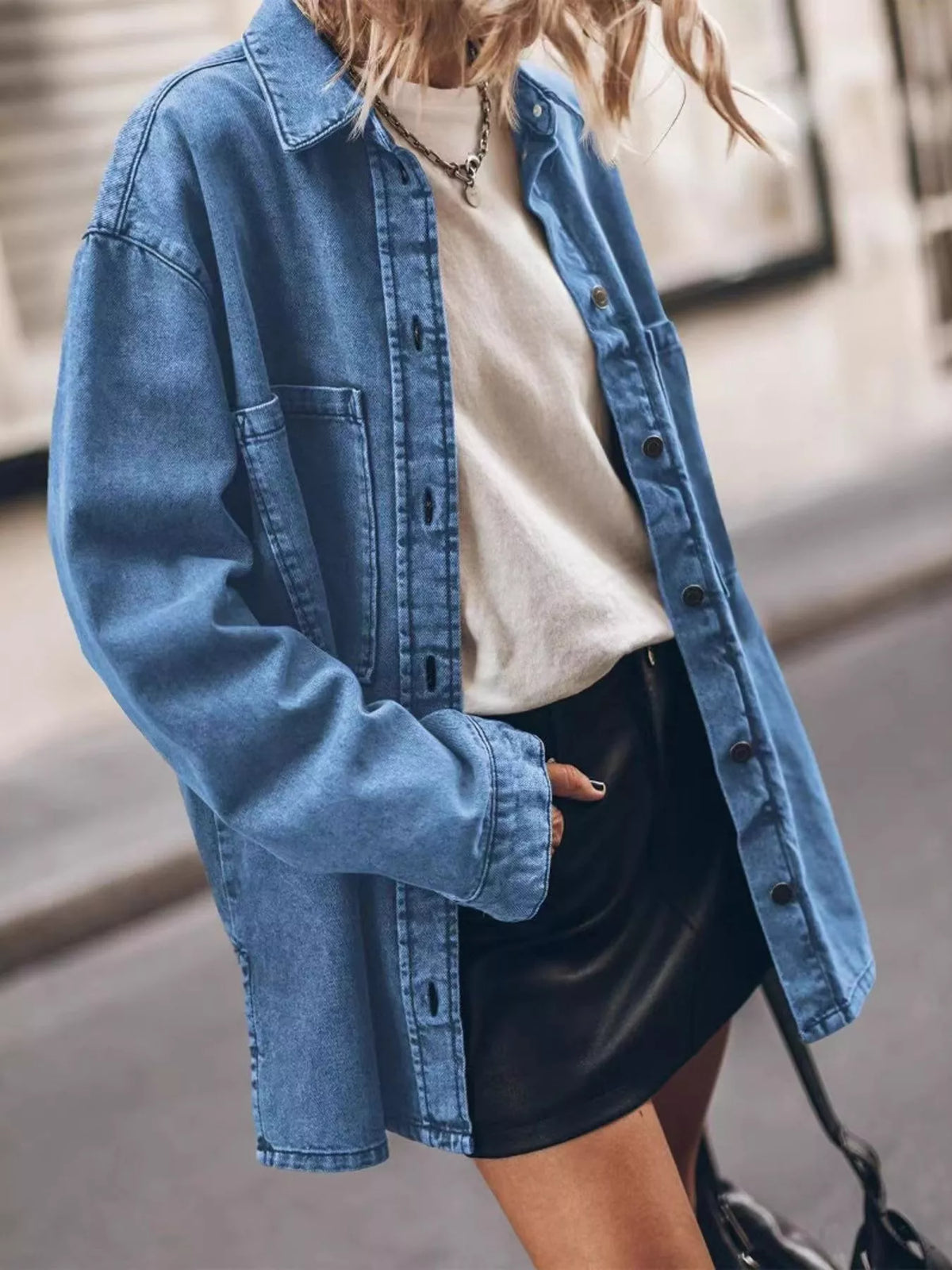 Women's Oversized Denim-Look Button-Up Shirt