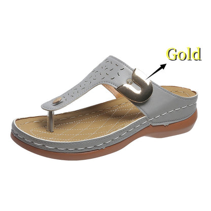 Women's New Round Head Hollow Metal Buckle Wedge Heel Comfortable Toe Sandals