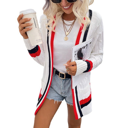 Women’s Mid-length Striped Pocket Knit Cardigan