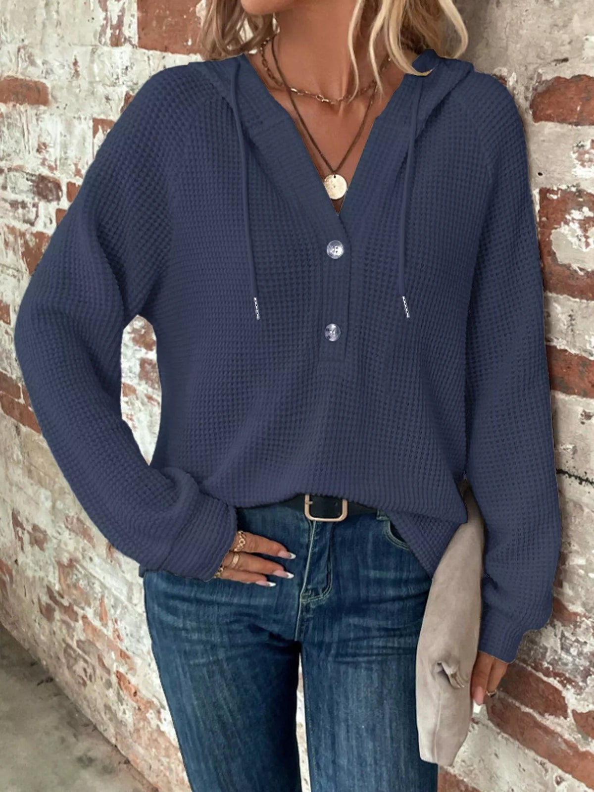 Women's Waffle Knit Button-Detail Hoodie