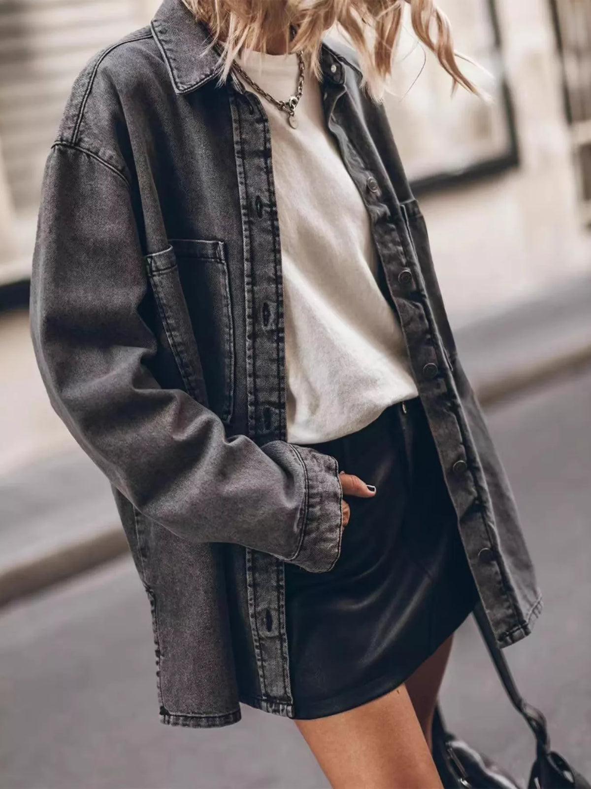Women's Oversized Denim-Look Button-Up Shirt