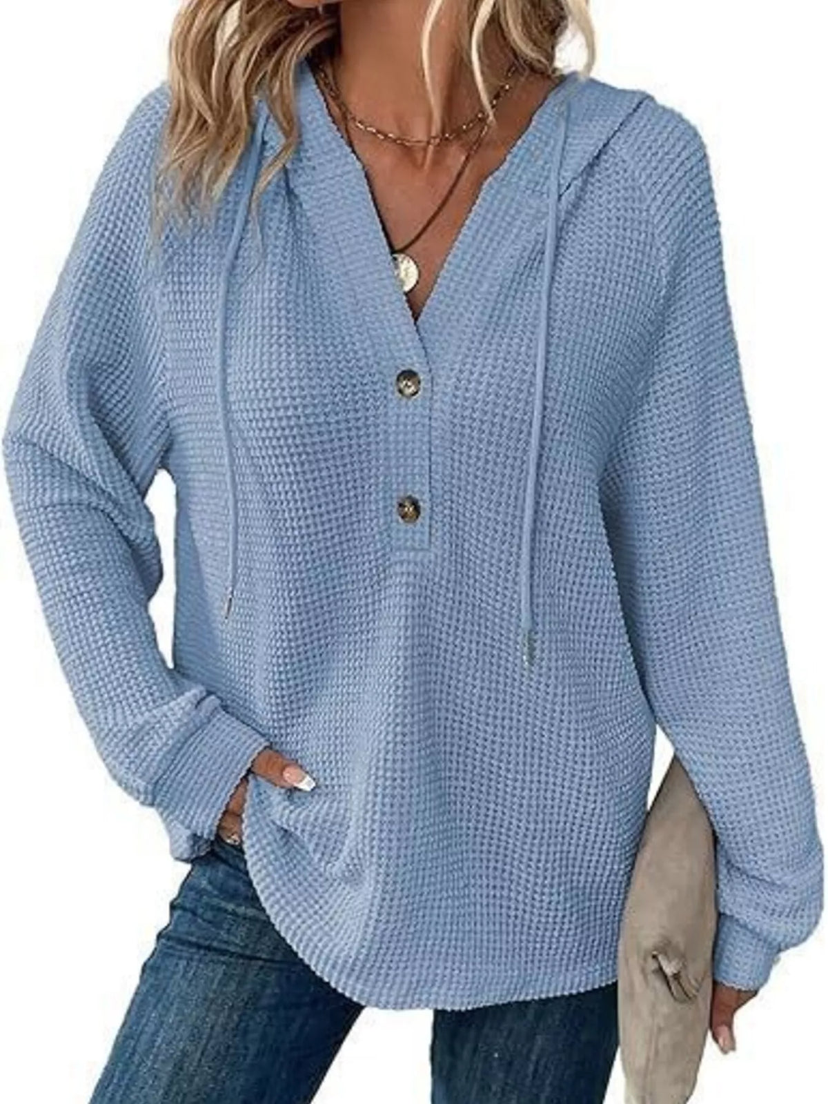 Women's Waffle Knit Button-Detail Hoodie