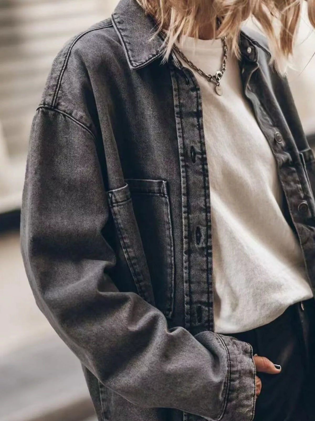Women's Oversized Denim-Look Button-Up Shirt