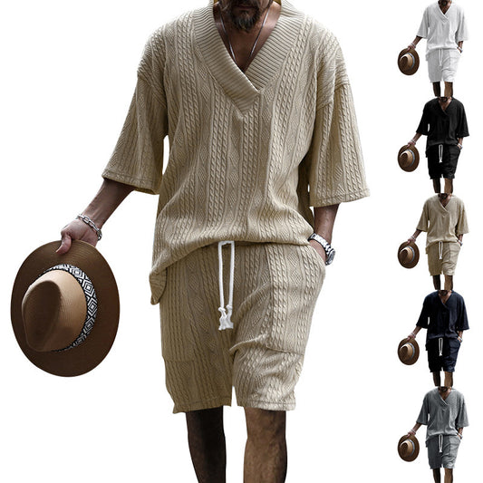 Men's Casual Jacquard Summer Suit - V-Neck Short-Sleeved T-Shirt and Drawstring Pocket Shorts 2-Piece Set
