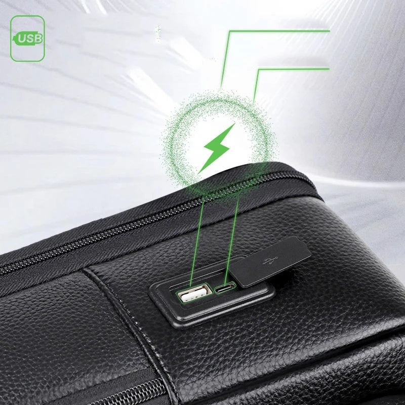 Men's Leather USB Charging Waterproof Anti-theft Large Capacity Travel Bag