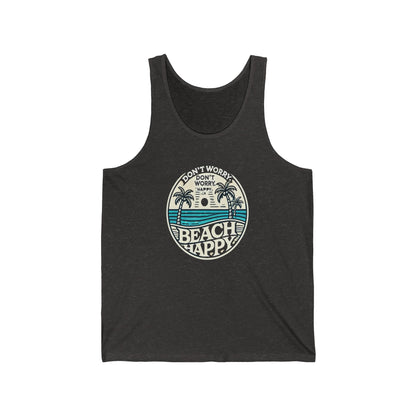 Camiseta de tirantes unisex con el lema “Don't Worry. Beach Happy”