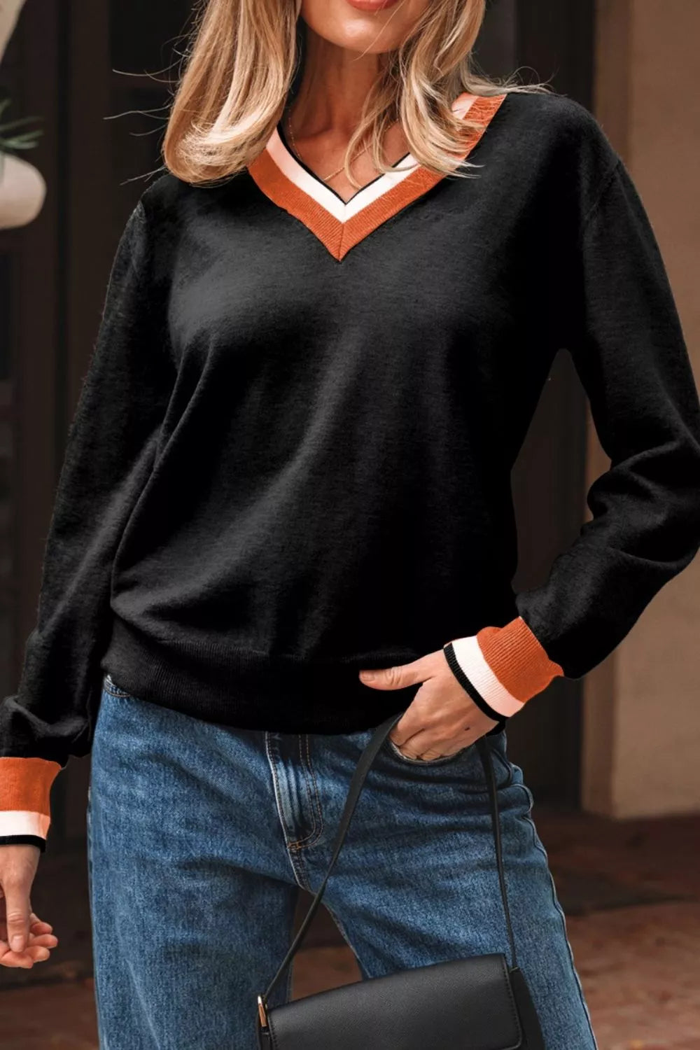 Women's V-Neck Varsity Sweater with Striped Trim