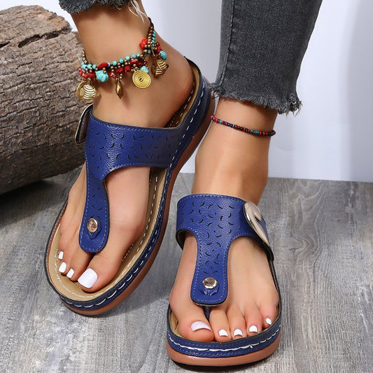 Sandals Women's New Round Head Hollow Metal Buckle Wedge Heel Comfortable Toe Sandals Travel Happy Women's Travel Wear