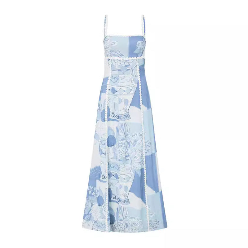 Women's Backless Flower Print Lace Sling Dress - Long Bow Suspender Dress