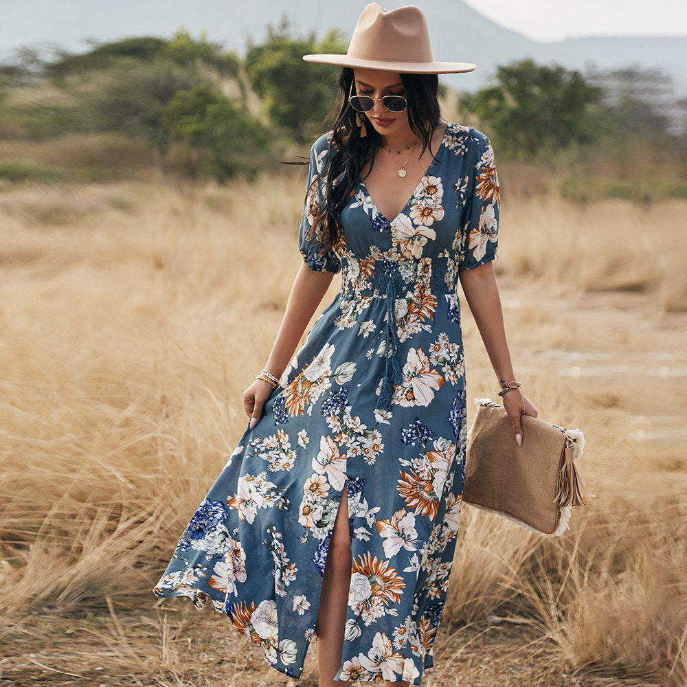 Women's Floral Summer Beach Dress - V-Neck Elastic Waist Mid-Length Dress