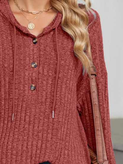Women's Ribbed Knit Button-Detail Hoodie