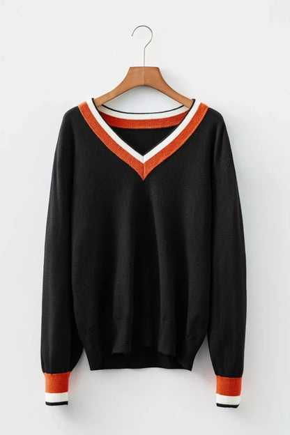 Women's V-Neck Varsity Sweater with Striped Trim