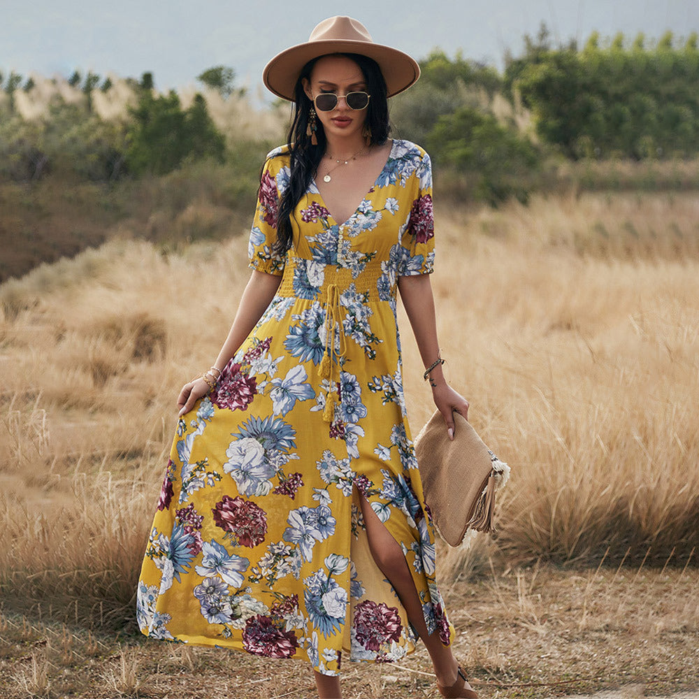 Women's Floral Summer Beach Dress - V-Neck Elastic Waist Mid-Length Dress - Travel Happy 