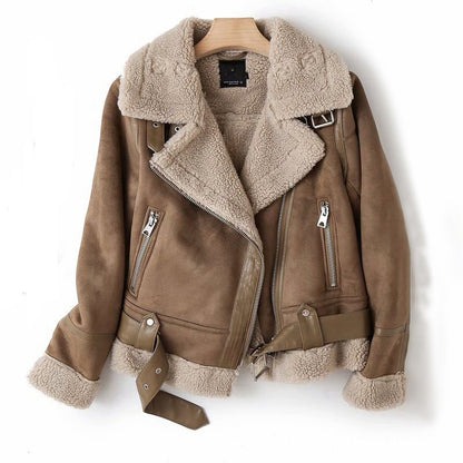 Women’s Suede Lamb Wool Lapel Jacket – Cozy Motorcycle-Style Winter Coat