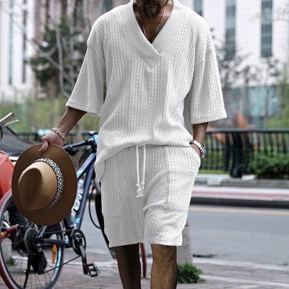 Men's Casual Jacquard Summer Suit - V-Neck Short-Sleeved T-Shirt and Drawstring Pocket Shorts 2-Piece Set