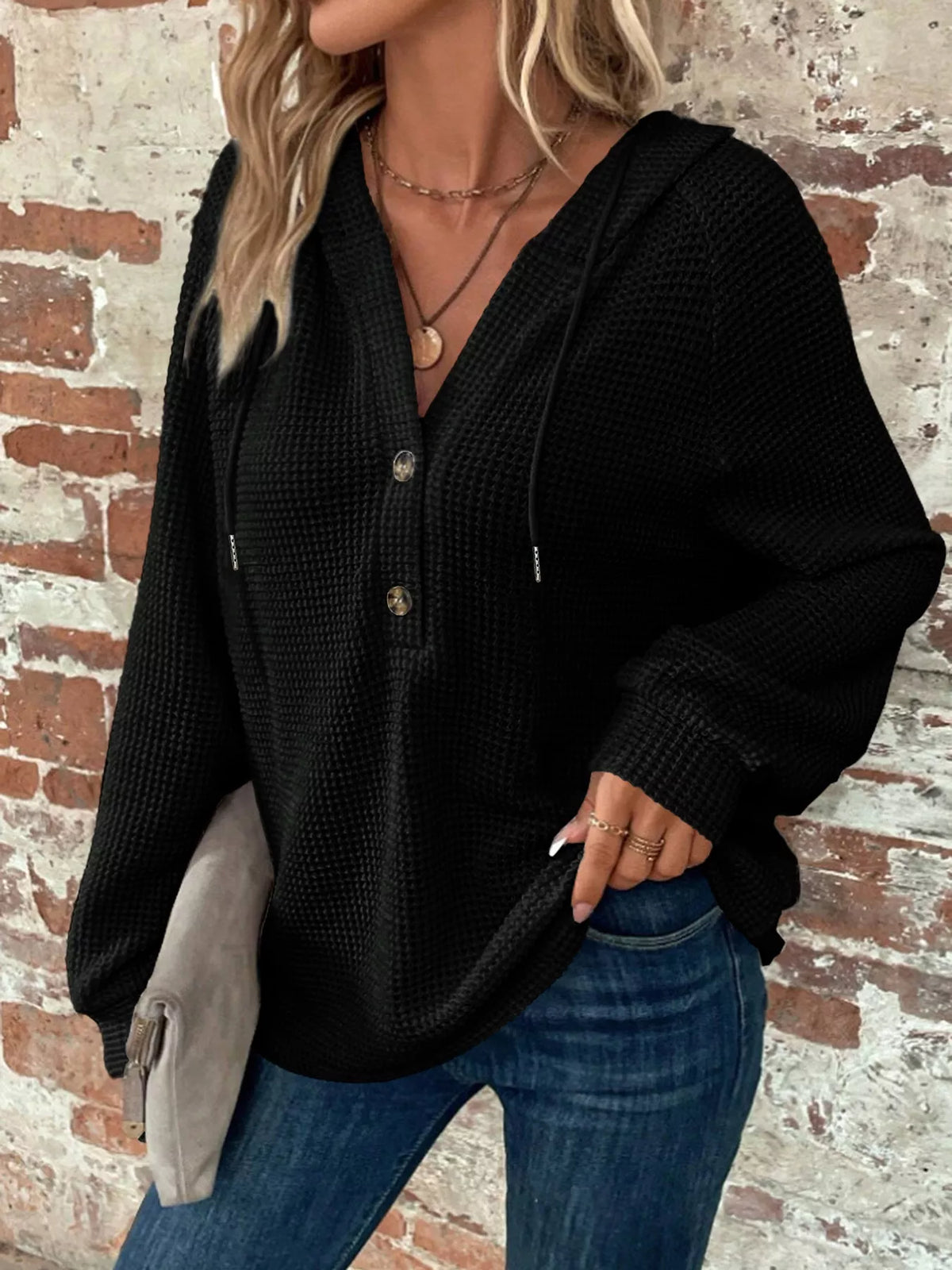 Women's Waffle Knit Button-Detail Hoodie