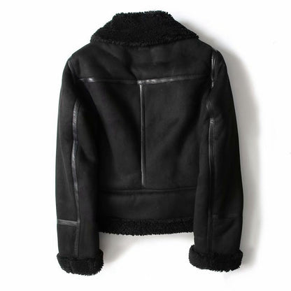 Women’s Suede Lamb Wool Lapel Jacket – Cozy Motorcycle-Style Winter Coat