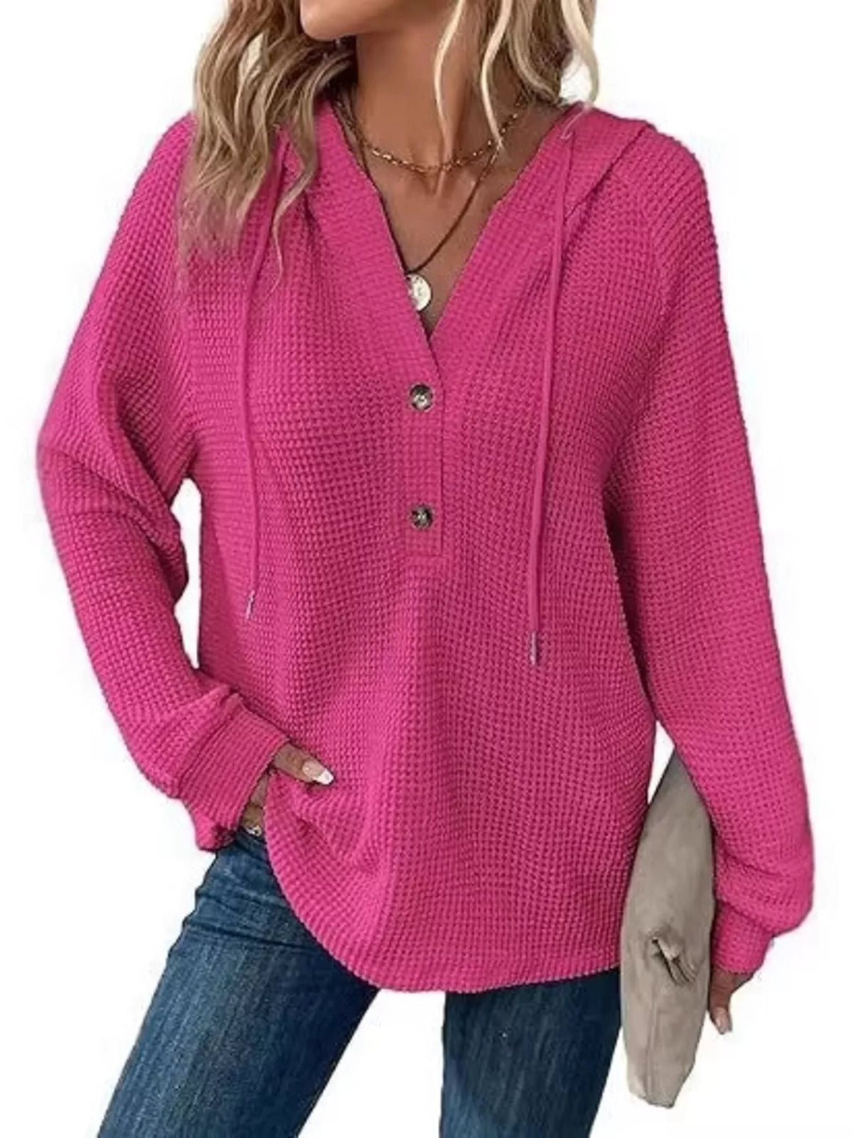 Women's Waffle Knit Button-Detail Hoodie