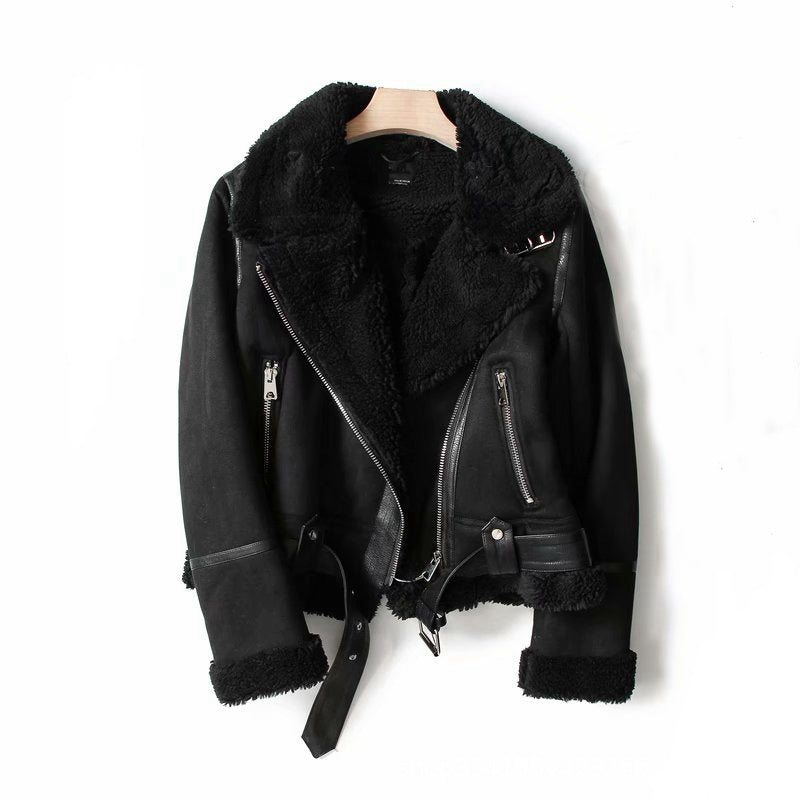 Women’s Suede Lamb Wool Lapel Jacket – Cozy Motorcycle-Style Winter Coat