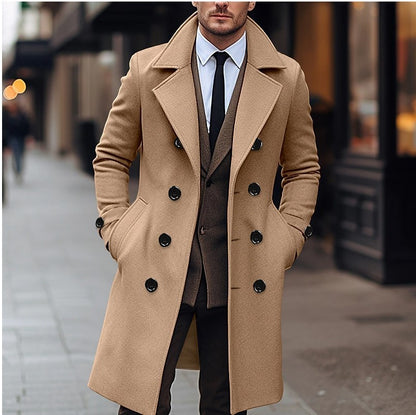 Men’s Double-Breasted Woolen Overcoat – Timeless Long Coat for Fall & Winter