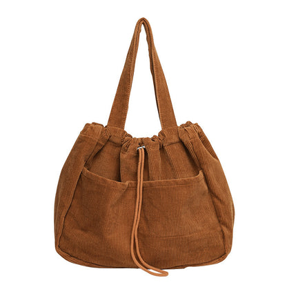 Ins Corduroy Shoulder Bags - Drawstring Multi-Pocket Handbag