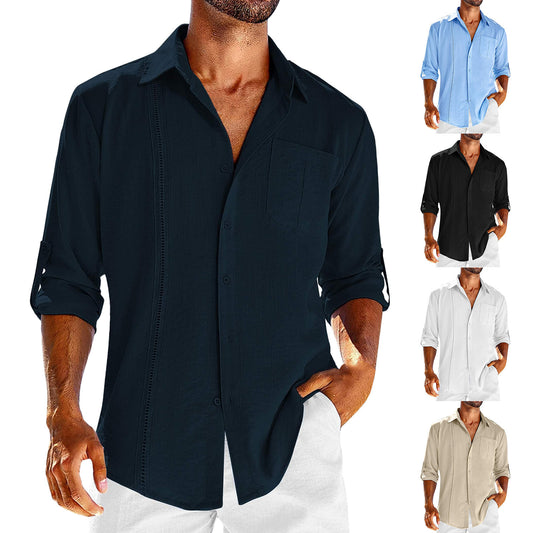 Men’s Casual Long Sleeve Shirt with Pocket - Lace Polo Collar Solid Color Button-Down