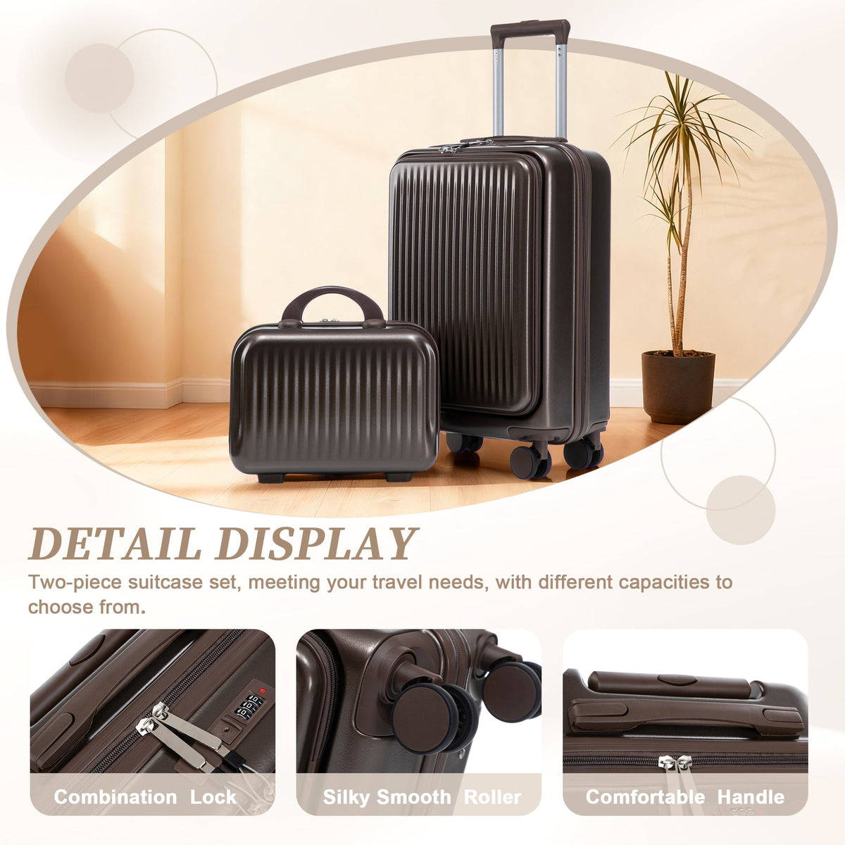 ABS Spinner Wheel Luggage Set with Cosmetic Case - Brown