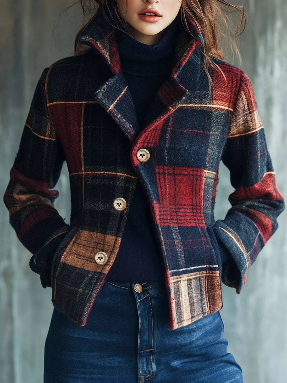 Women's Unlined Plaid Button-Up Blazer