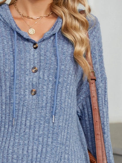 Women's Ribbed Knit Button-Detail Hoodie