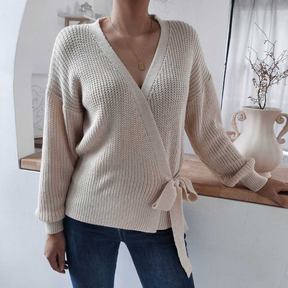 Casual V-neck tie Knotted Sweater Travel Happy Women's Fall Wear